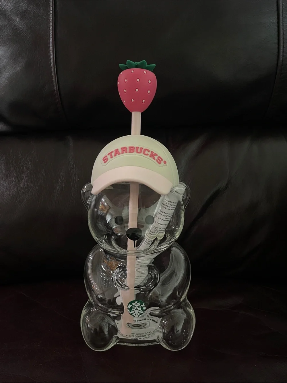 Starbucks Clear Bear Tumbler with Pink Strawberry Straw and White Cap